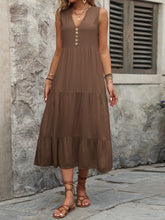 Load image into Gallery viewer, Decorative Button Notched Sleeveless Dress
