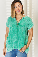 Load image into Gallery viewer, Zenana Washed Raw Hem Short Sleeve Blouse with Pockets