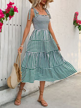 Load image into Gallery viewer, Smocked Striped Square Neck Midi Dress
