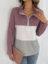 Load image into Gallery viewer, Color Block Dropped Shoulder Waffle-knit Zipper Front Blouse
