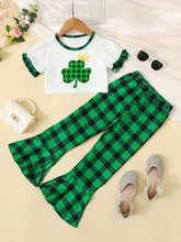 Load image into Gallery viewer, Lucky Clover Round Neck Top and Plaid Pants Set
