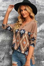 Load image into Gallery viewer, Brown Western Print Buttoned V Neck Top
