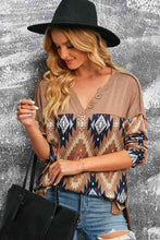 Load image into Gallery viewer, Brown Western Print Buttoned V Neck Top
