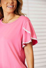 Load image into Gallery viewer, Double Take Pom-Pom Trim Flutter Sleeve Round Neck T-Shirt
