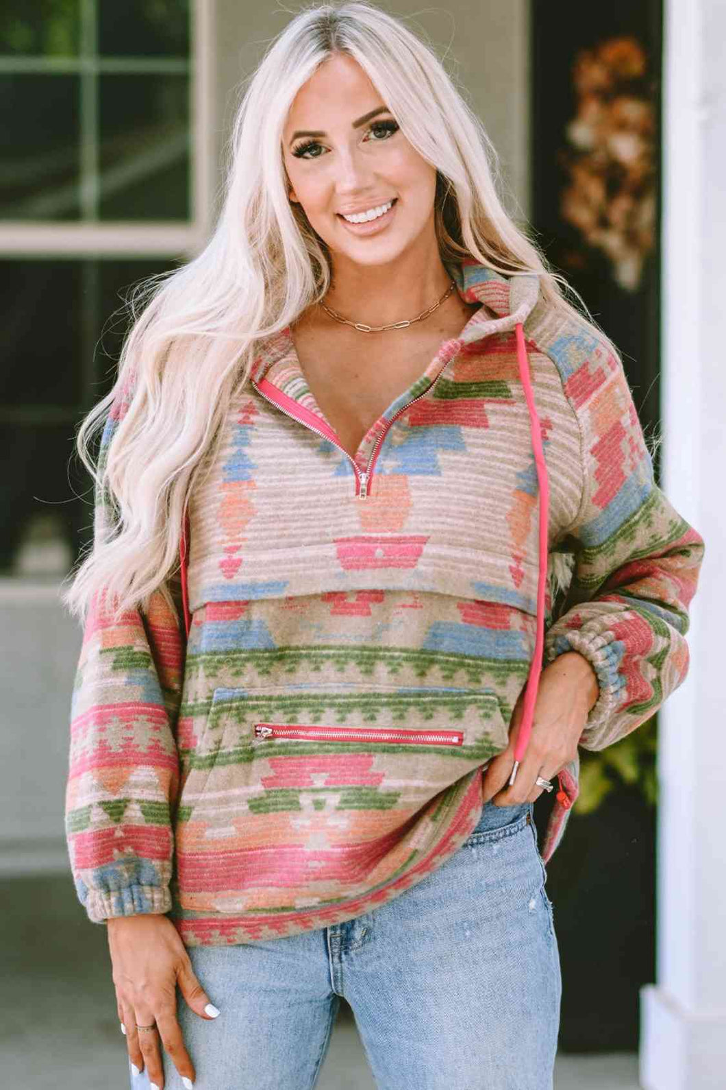 Printed Zip-Up Long Sleeve Hoodie