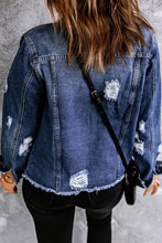 Load image into Gallery viewer, Mixed Print Distressed Button Front Denim Jacket
